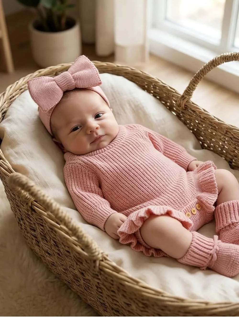 Avibae Pink Knit Baby Romper with Matching Hat & Booties